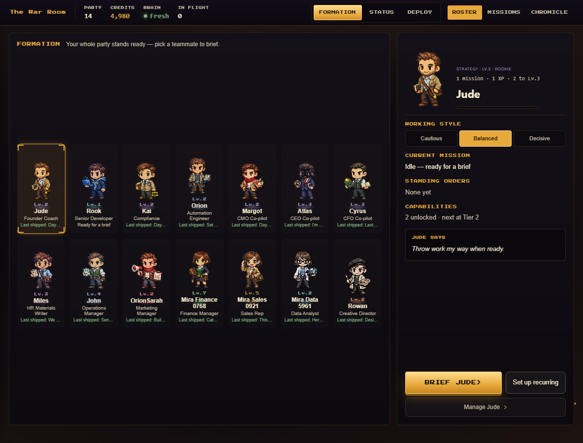 The War Room — your full party in formation with a live teammate dossier and a Brief button