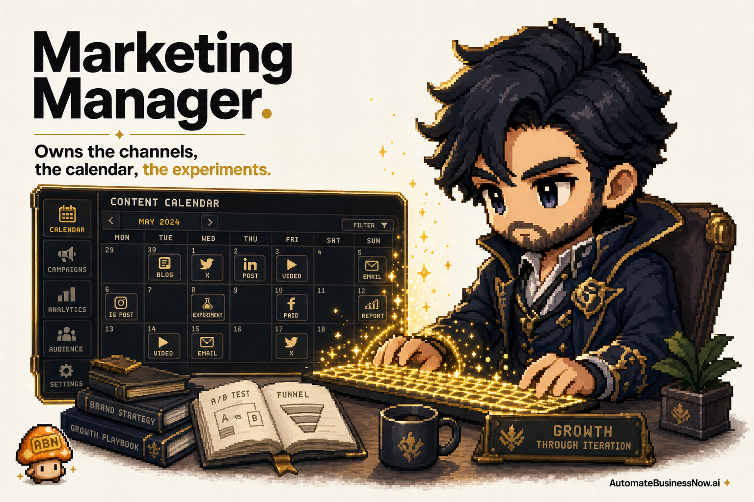 Marketing Manager at work — brand-illustrated AI employee hero