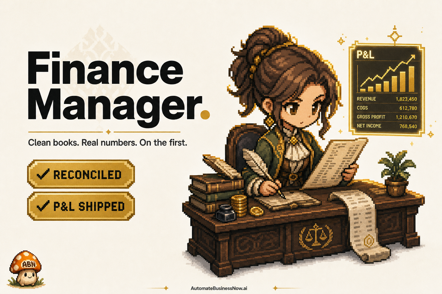 Finance Manager at work — brand-illustrated AI employee hero