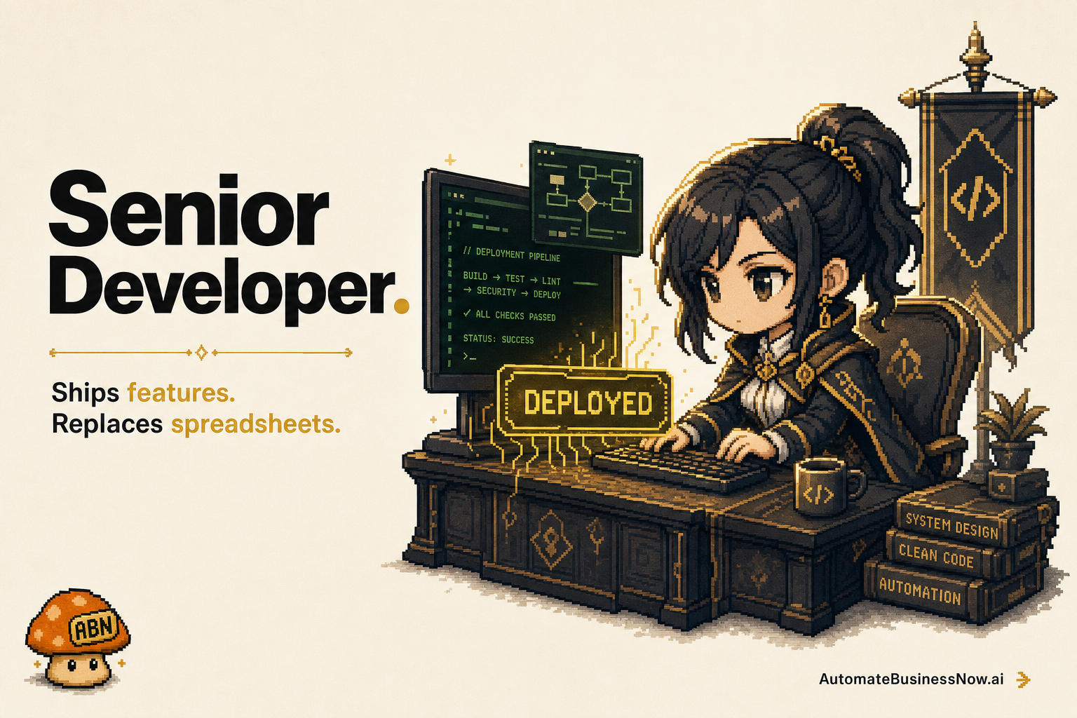 Senior Developer at work — brand-illustrated AI employee hero