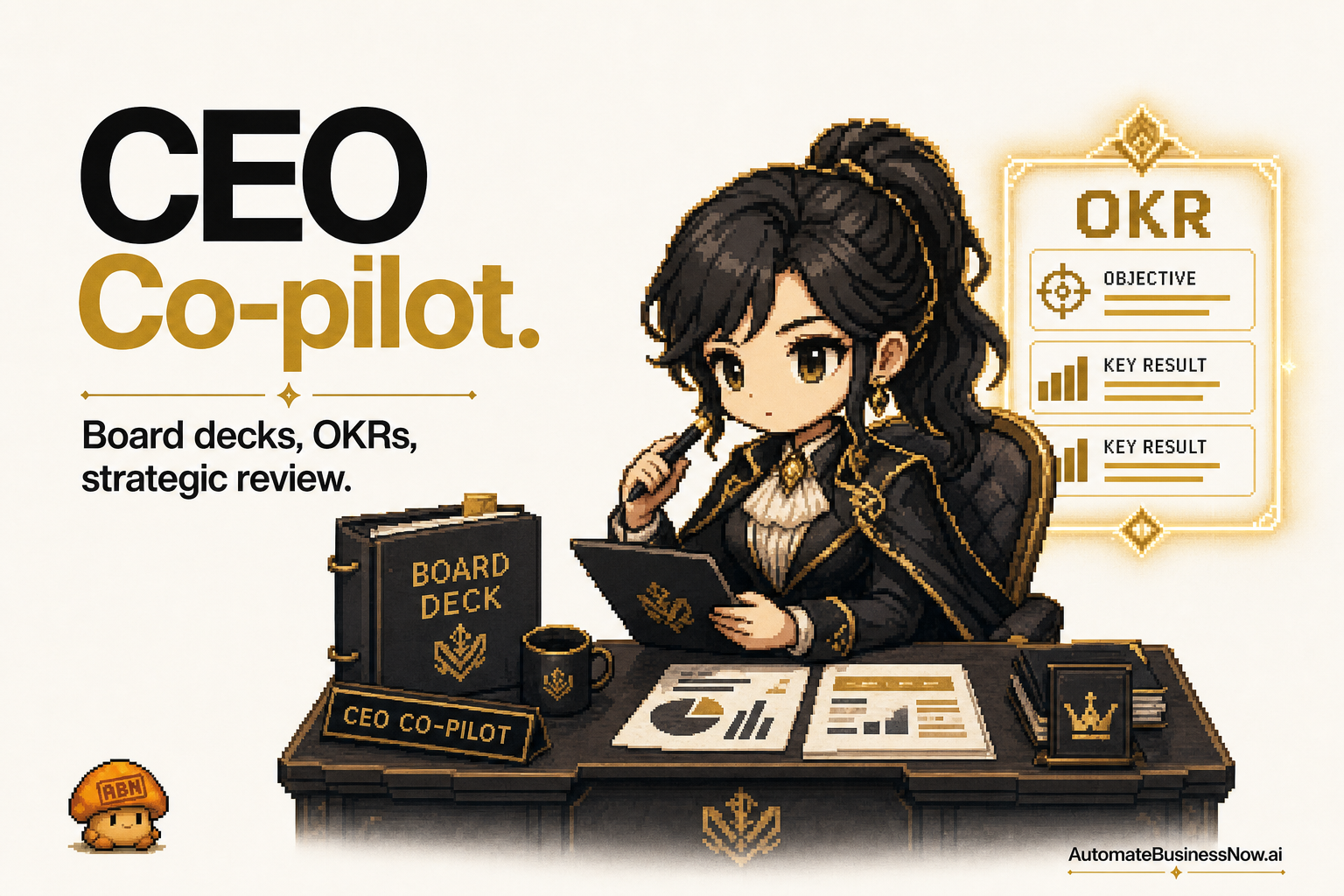 CEO Co-pilot at work — brand-illustrated AI employee hero